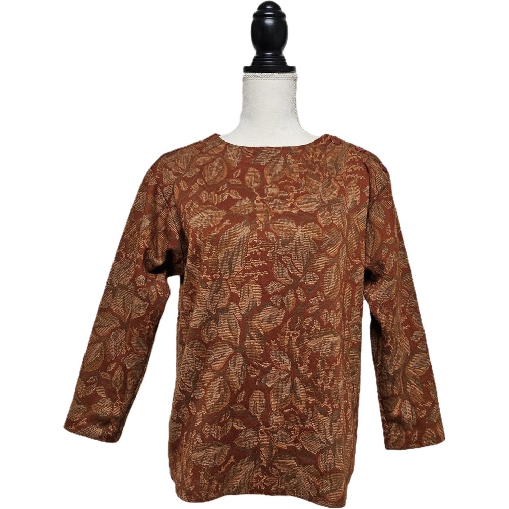 Vintage Fire Islander Autumn Brown Leafr Pattern Knit Top‎ Size M Earthy Retro